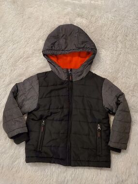 Rothschild Boys Black Puffer Jacket with Gray Sleeves and Orange Hood Lining
